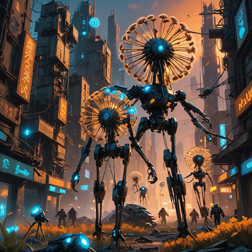 Cyborg Dandelions Swarm a Cyberpunk Cityscape