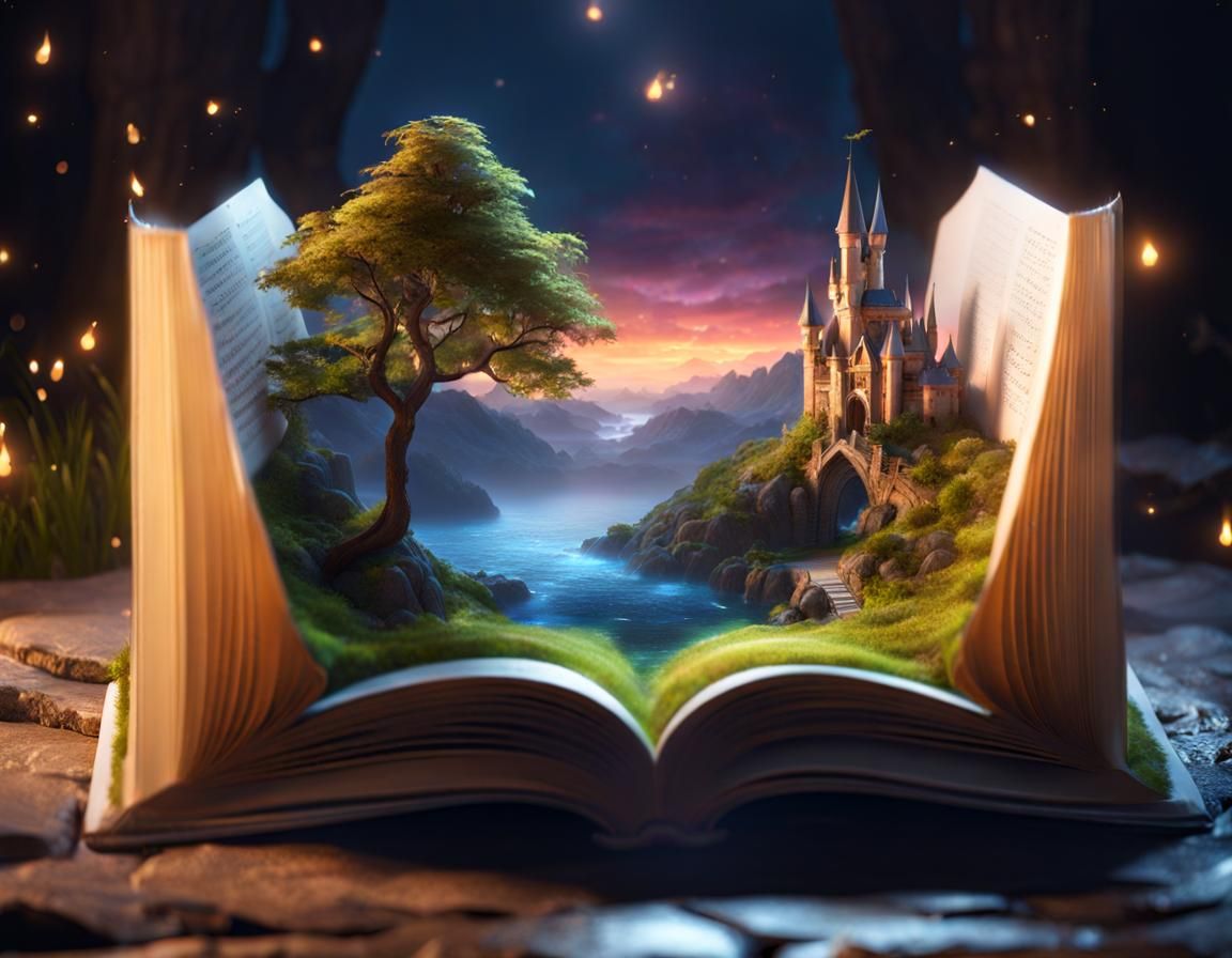 Magical Fantasy Landscape Emerging from Book
