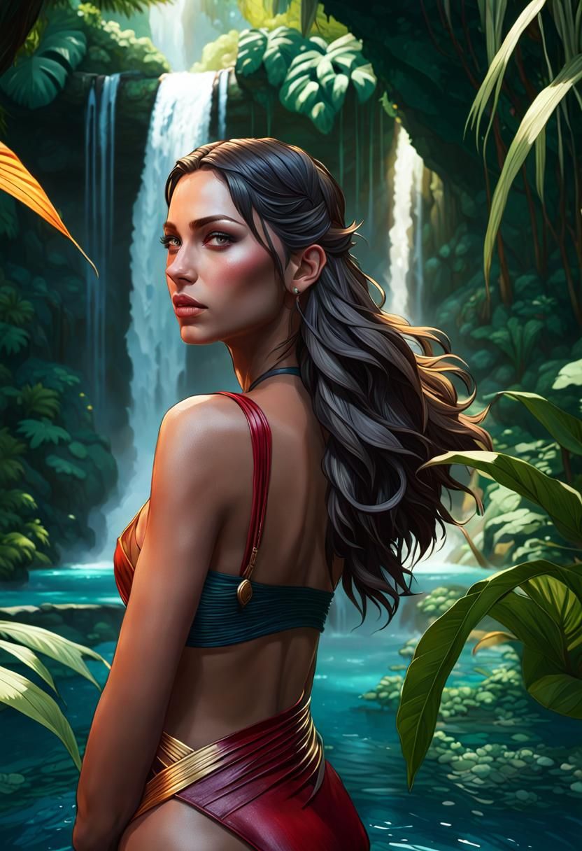 An attractive brunette bathing in a jungle waterfall clearing