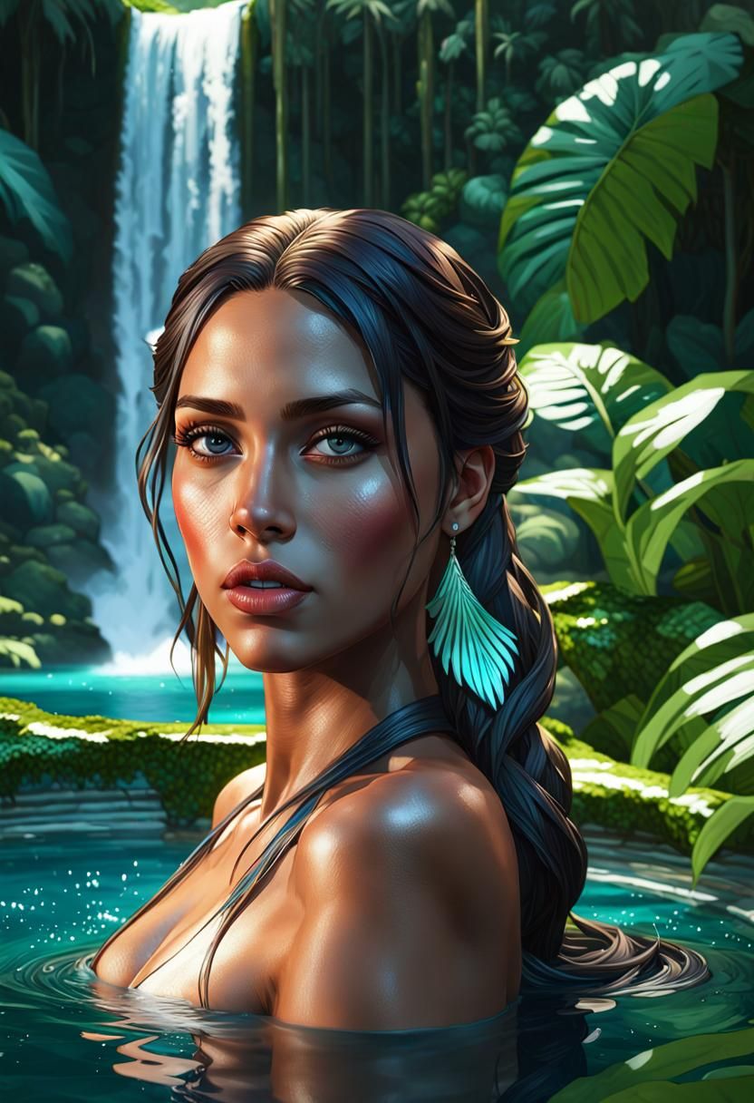 An attractive brunette bathing in a jungle waterfall clearing