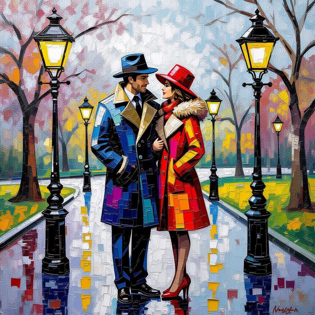 Rainy Park Couple in Impasto Style