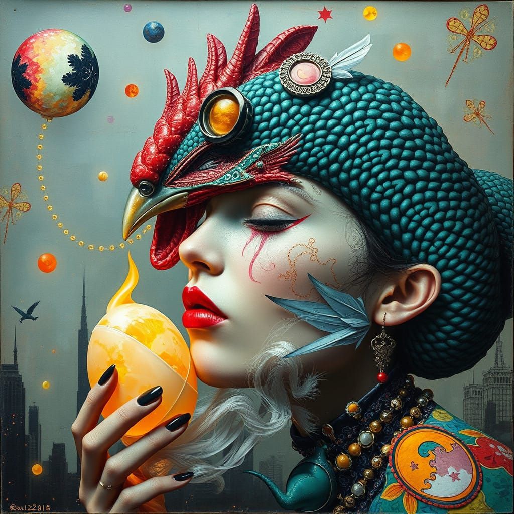 Cyberpunk Whimsy: Half Man, Half Chicken in a Kaleidoscope o...