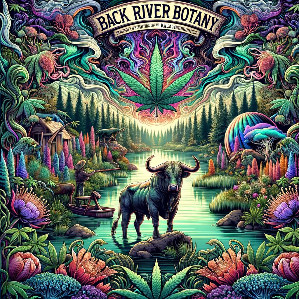 Psychedelic Bull Logo with Cannabis Plants