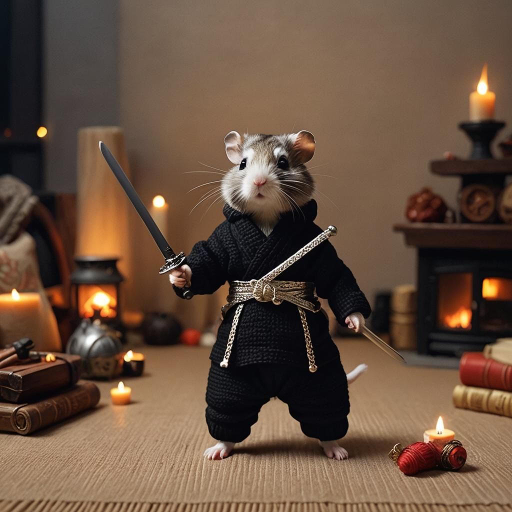 A little hamster dressed in a black knit wool ninja outfit, ...