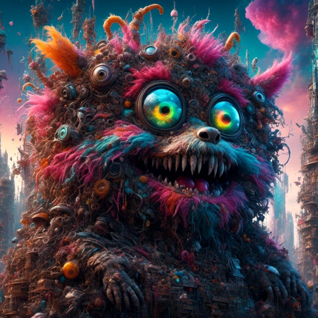 Furry One-Eyed Monster in Synthwave Style