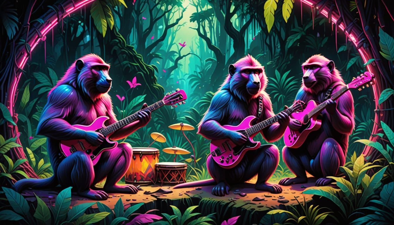 Vibrant Baboon Band Performs in a Jungle Oasis
