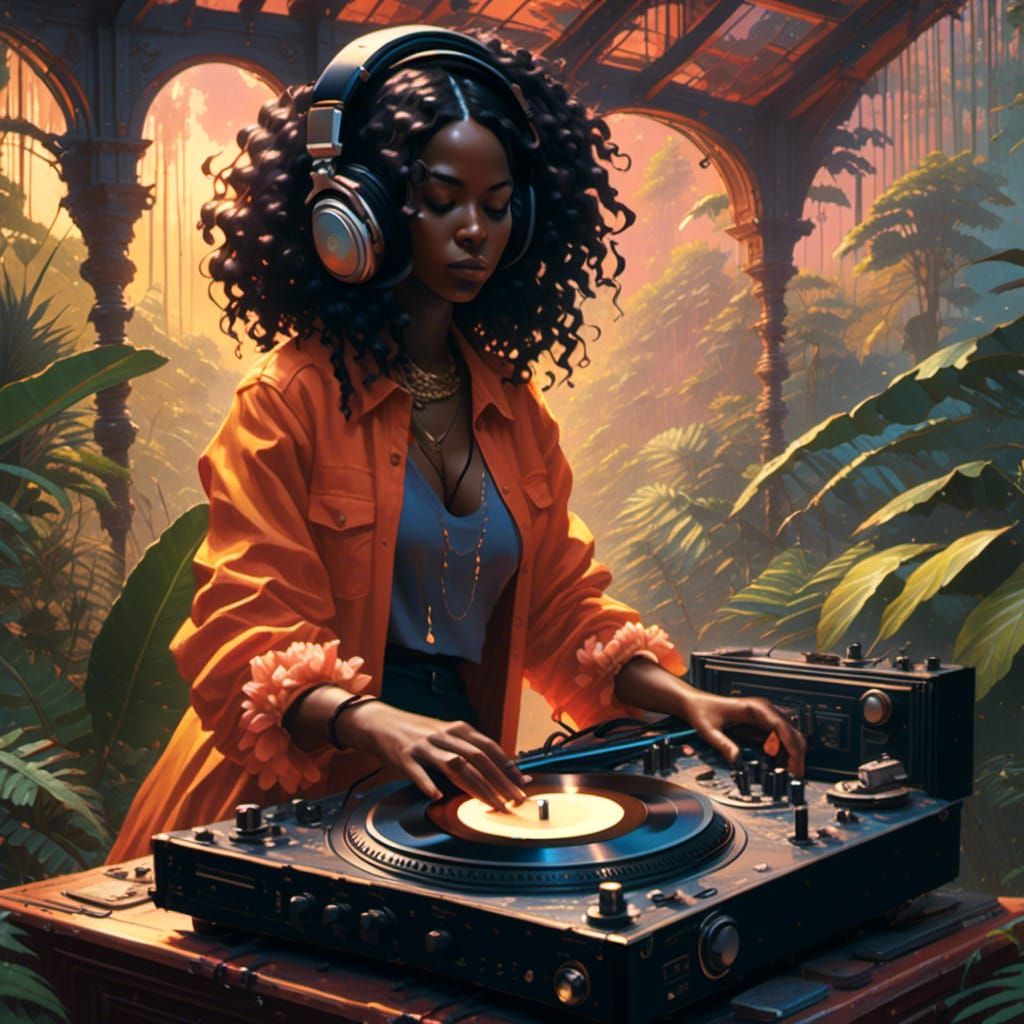 Black Woman DJing at Tropical Party, Anime Style