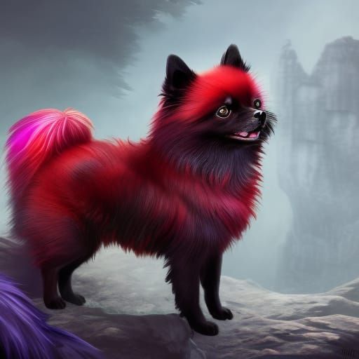 Fantastical Pomeranian with Red Ears and Purple Eyes