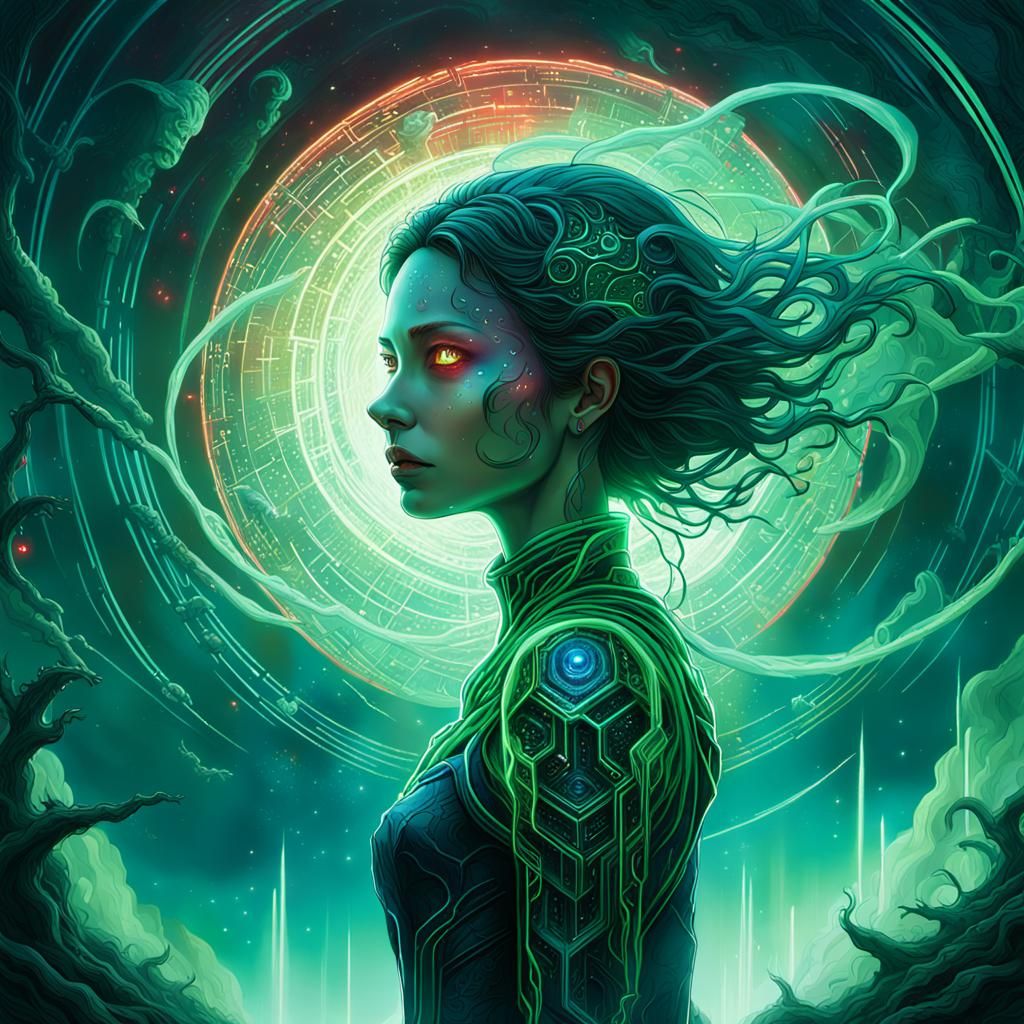 Ethereal Woman in Sci-Fi Molecular World