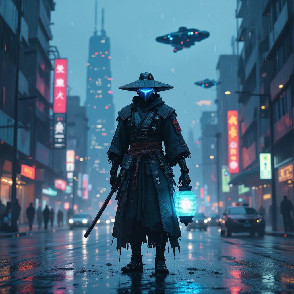 Cyborg Samurai in Neon Cyberpunk Cityscape
