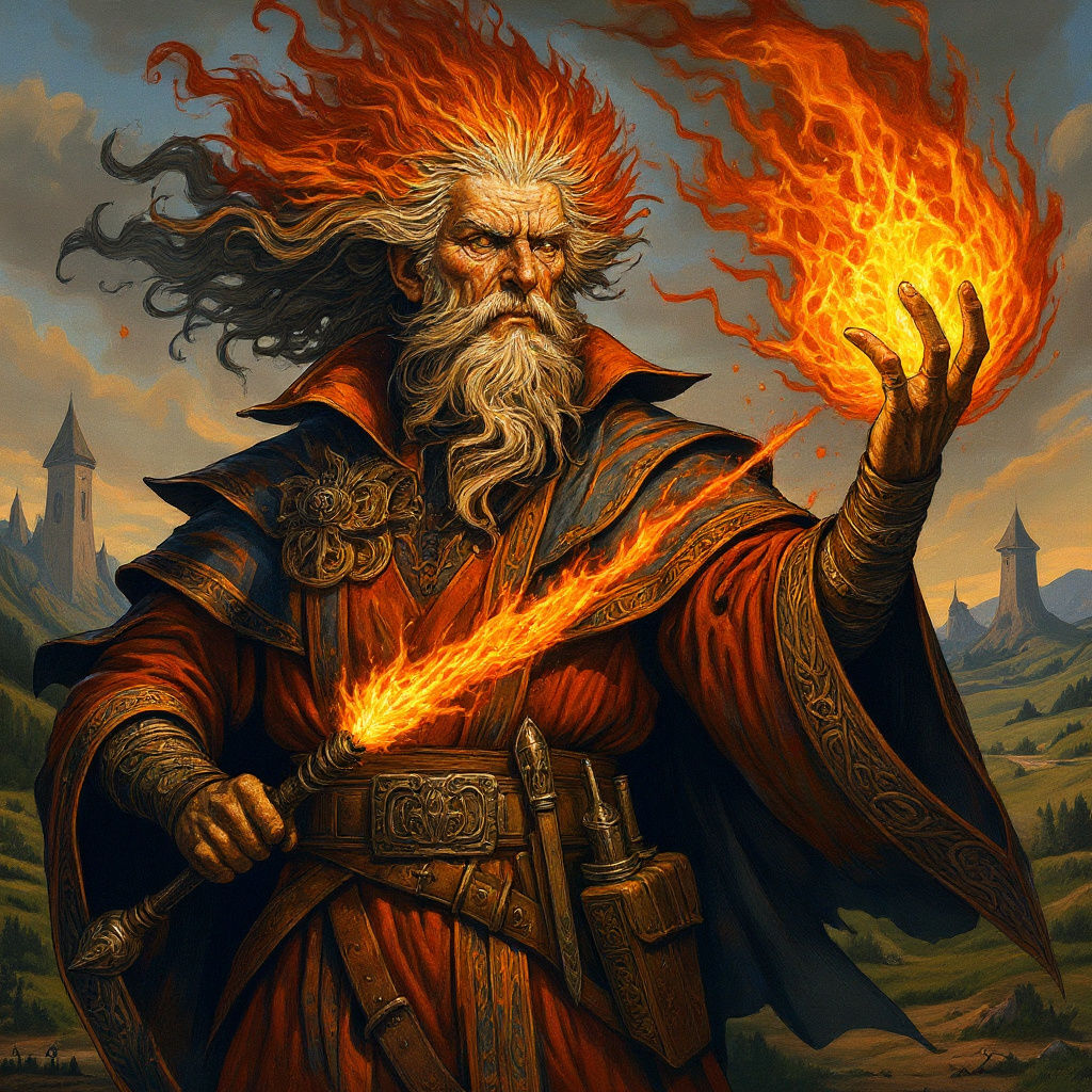 Imposing Fire Wizard Wielding Magic in Vintage Fantasy Style