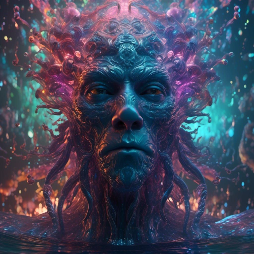 Handsome Kraken-Human Hybrid in Bioluminescent Ocean