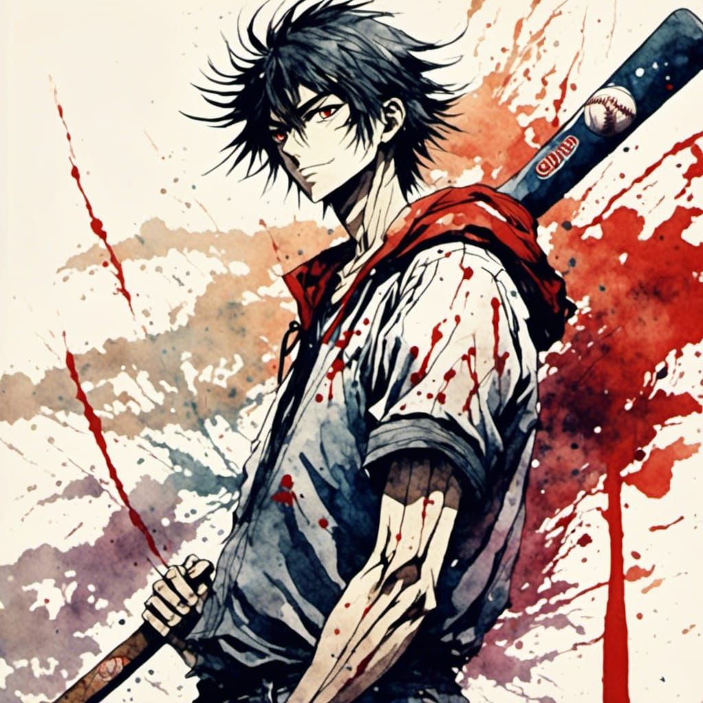 Anime Man with Baseball Bat as Watercolor Poster