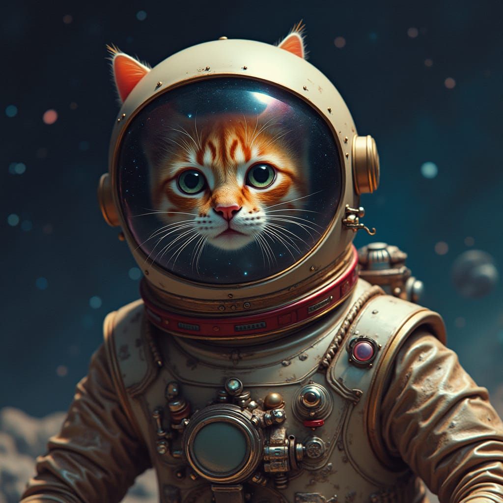 Feline Astronaut Adrift in Cosmic Void, Nebula Reflection
