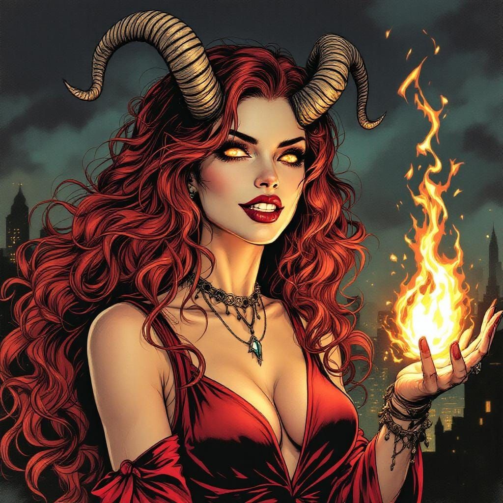 Fiery Heavy Metal Comic Art Woman in Cityscape