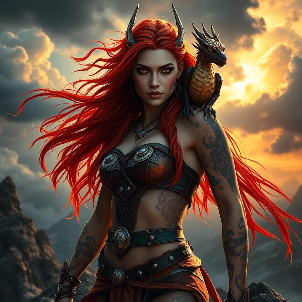 Regal Dragon Mistress in Stormy Mountainscape