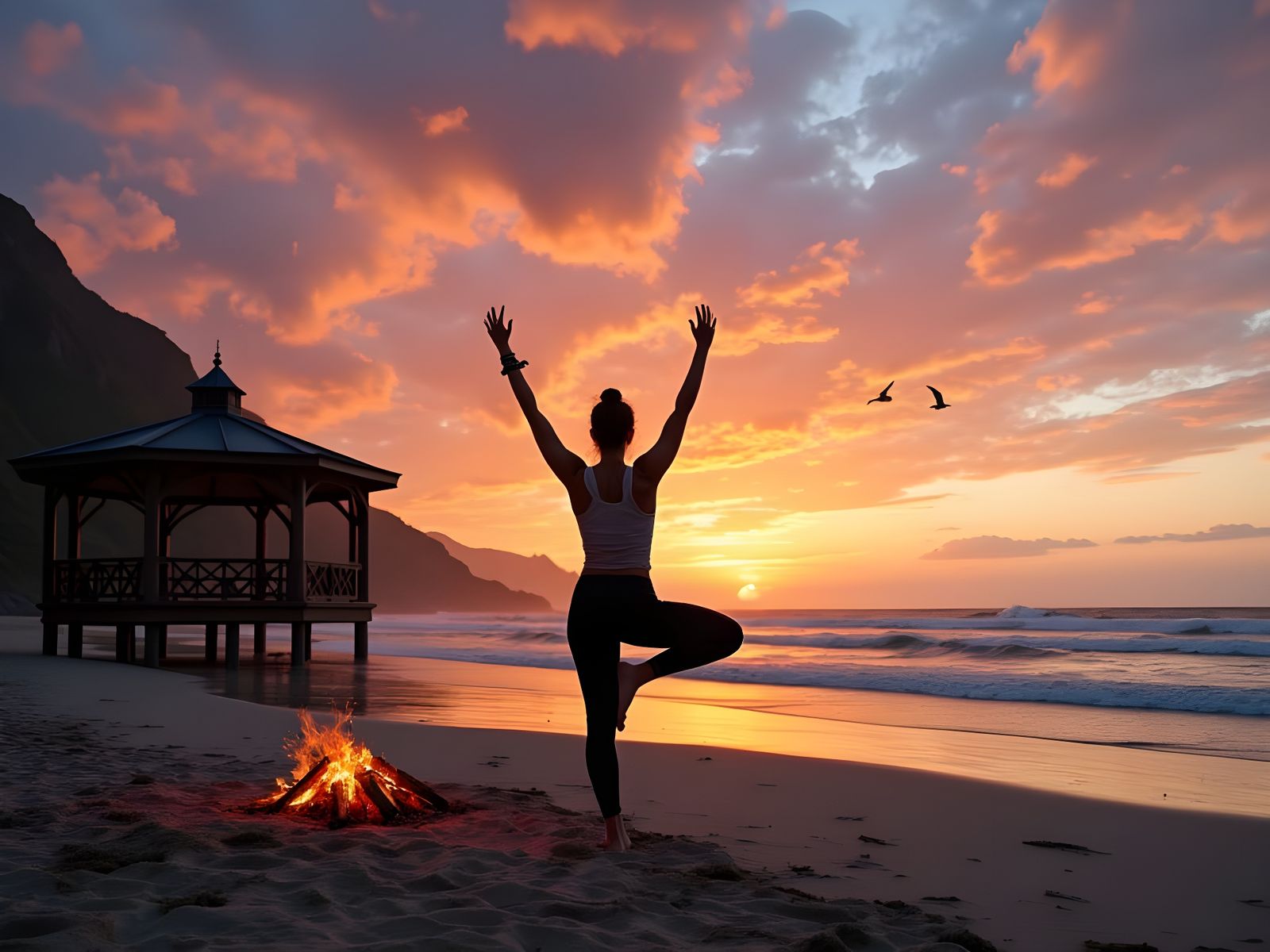Advanced Yoga Pose at Sunset Beach Bonfire