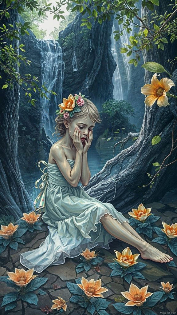 Blue Skinned Girl Emotes Powerful Grief in a Waterfall of Te...