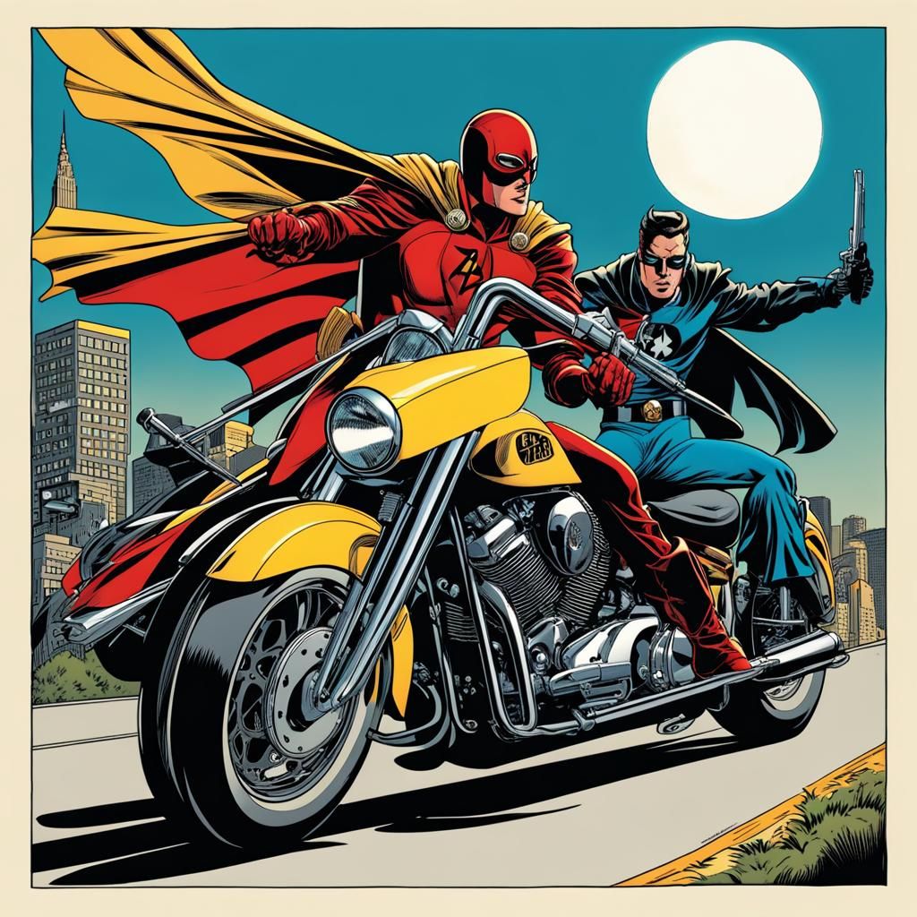 Evil Superheroes on Motorbikes, Comic Book Art