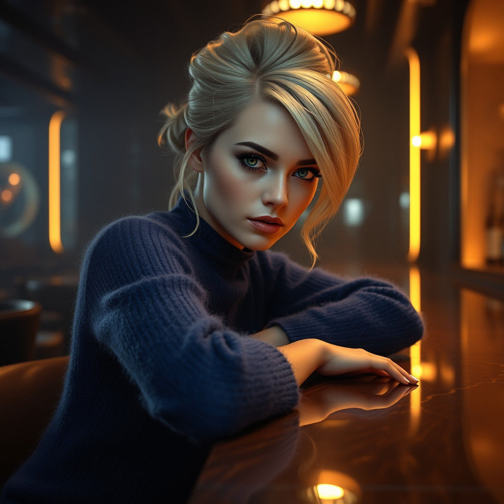 Ethereal Blond Woman in Blue Sweater at Bar