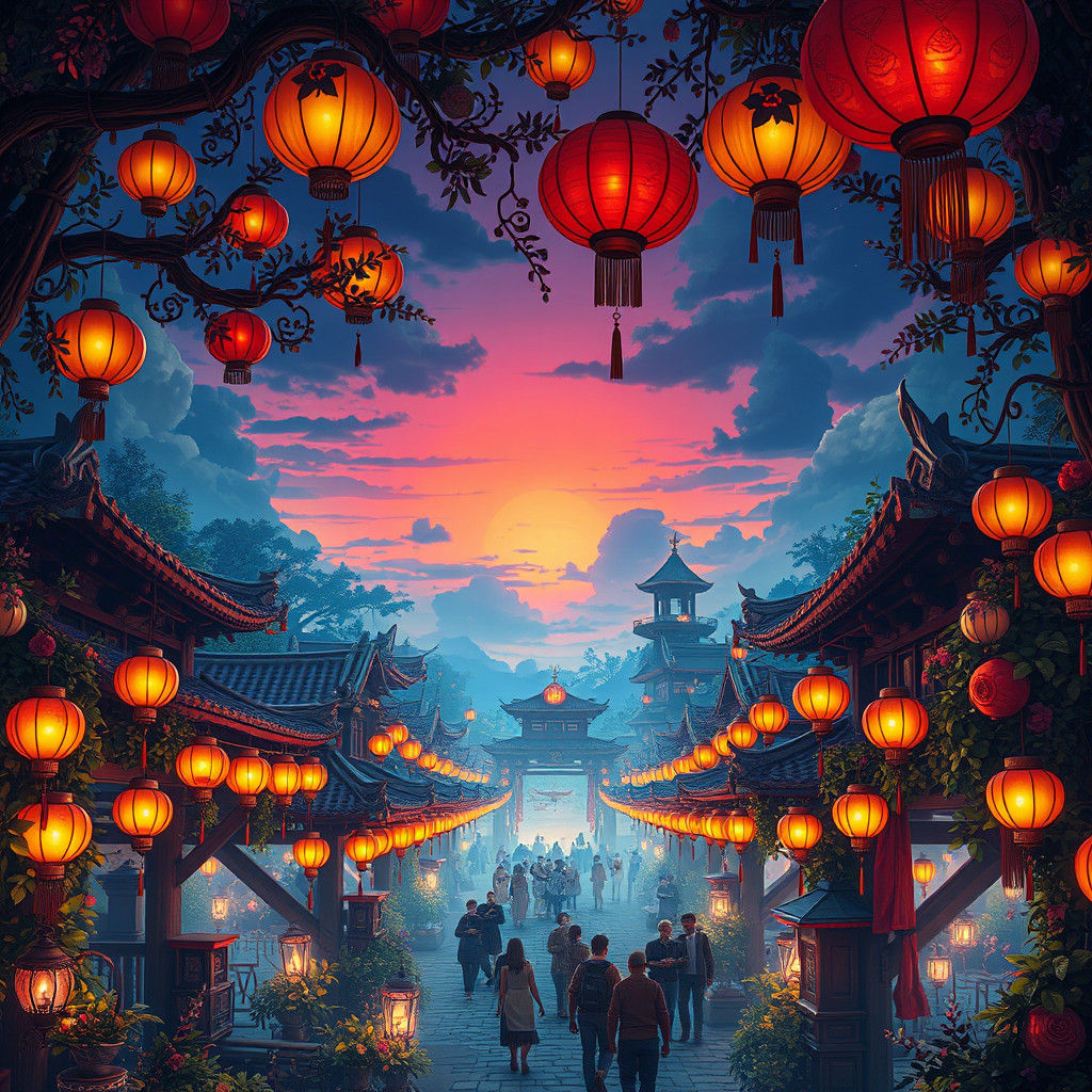 Dreamlike Sunset Festival in Fantasy Concept Art Style
