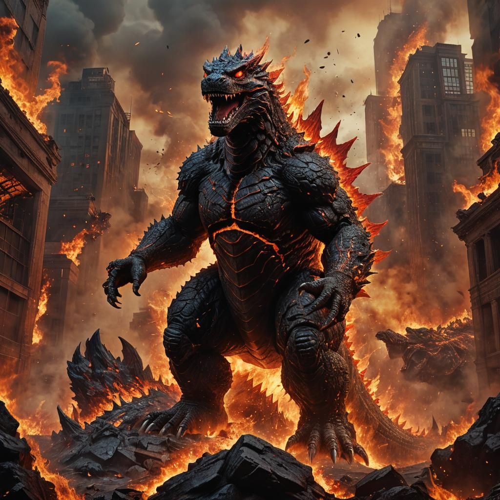 Fiery Godzilla Portrait in a Burning Environment