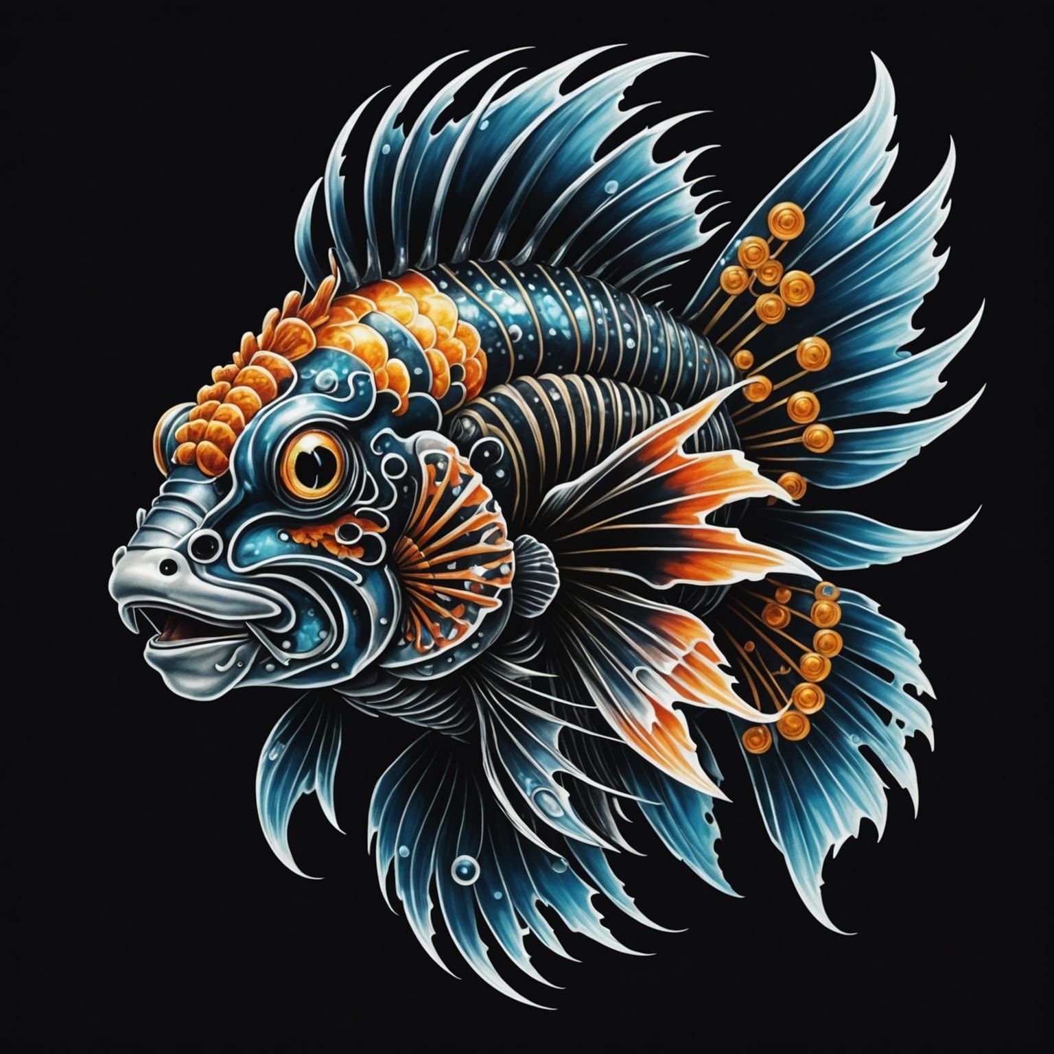 Lionfish-Koi Hybrid Tattoo Design in Vector Art Style