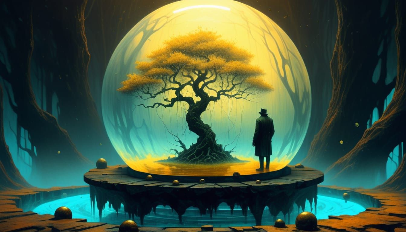 Magical Tree in Crystal Sphere: Fauvist Oil Painting