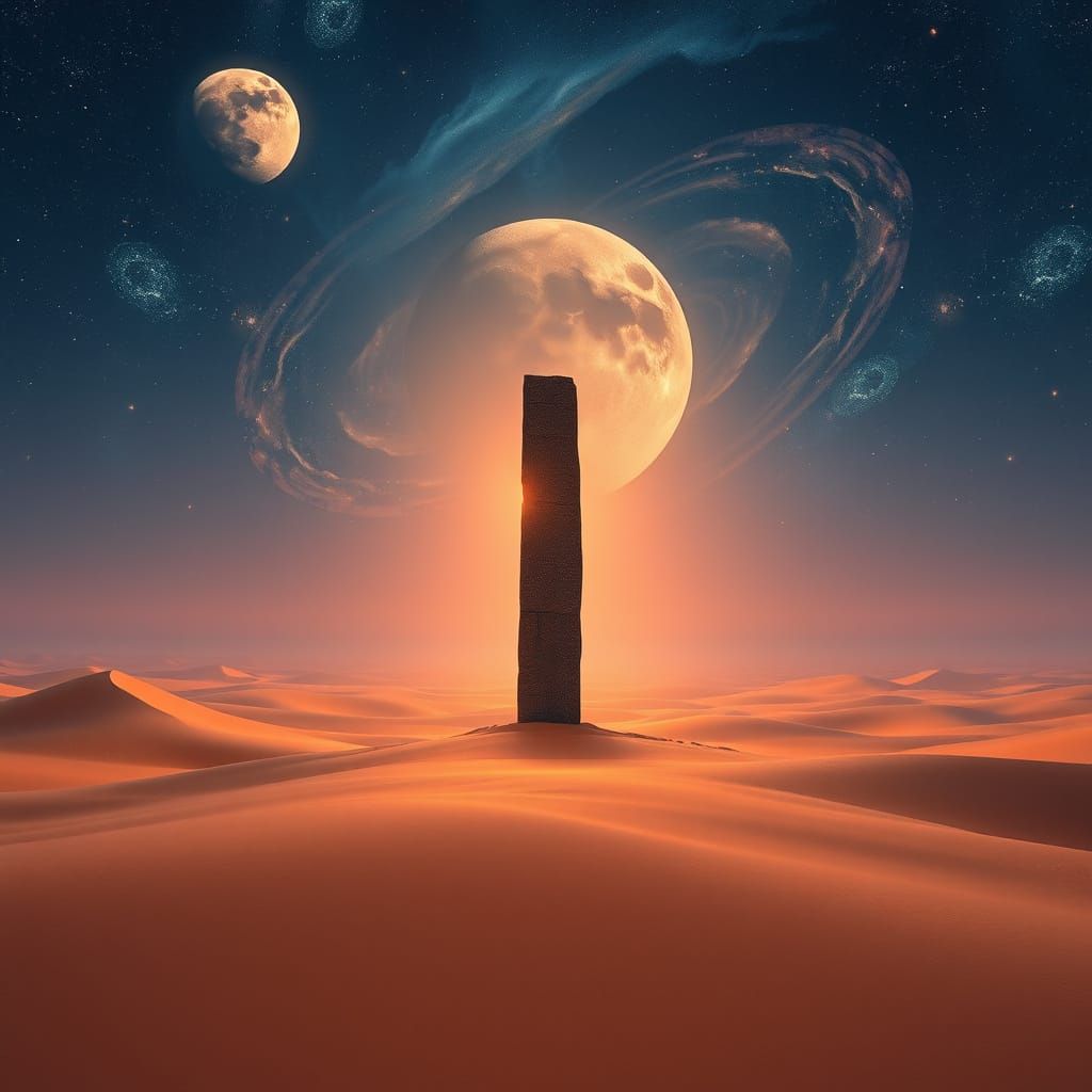 Serene Desert Twilight with Two Moons and Nebula Sky