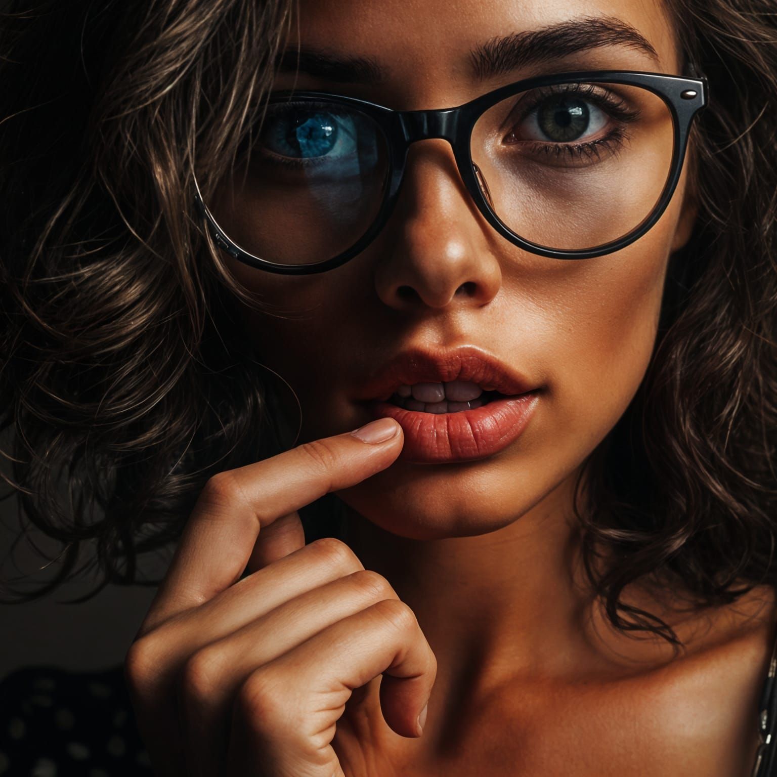 Close-up on tanned young woman biting her lip, wearing fashion reading glasses, curly brown hair, dim light, lcd screen ...