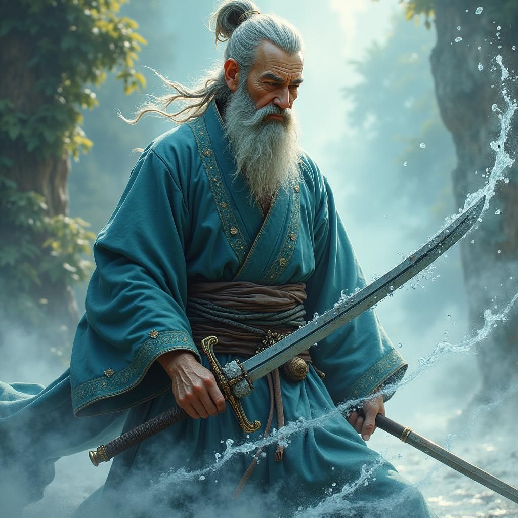 Swordsman Wielding Water Magic in Anime Style