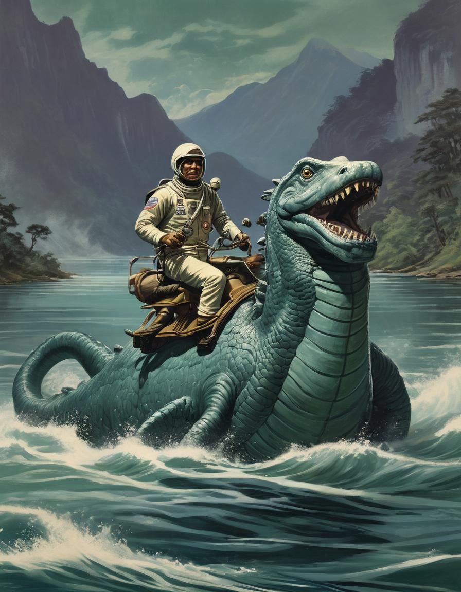 Astronaut Rides Loch Ness Monster: Pulp Illustration