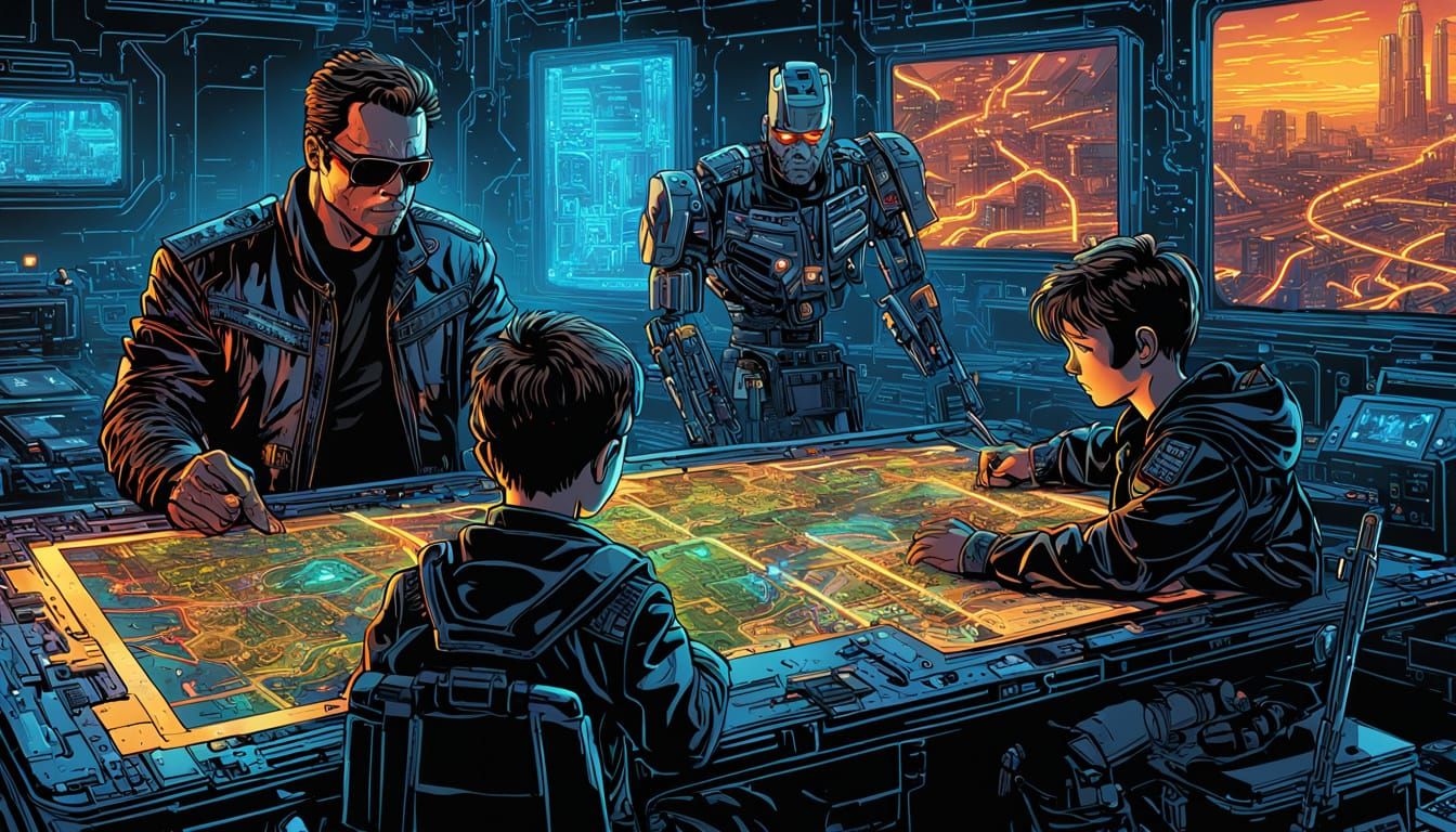Terminator Family Plans in Cyberpunk Comic Style