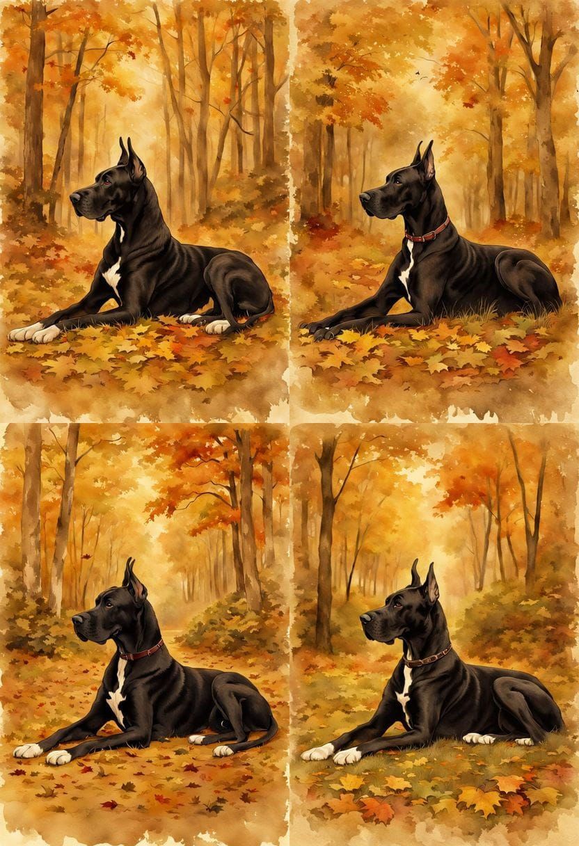 Elegant Black Great Dane in Autumn Watercolor