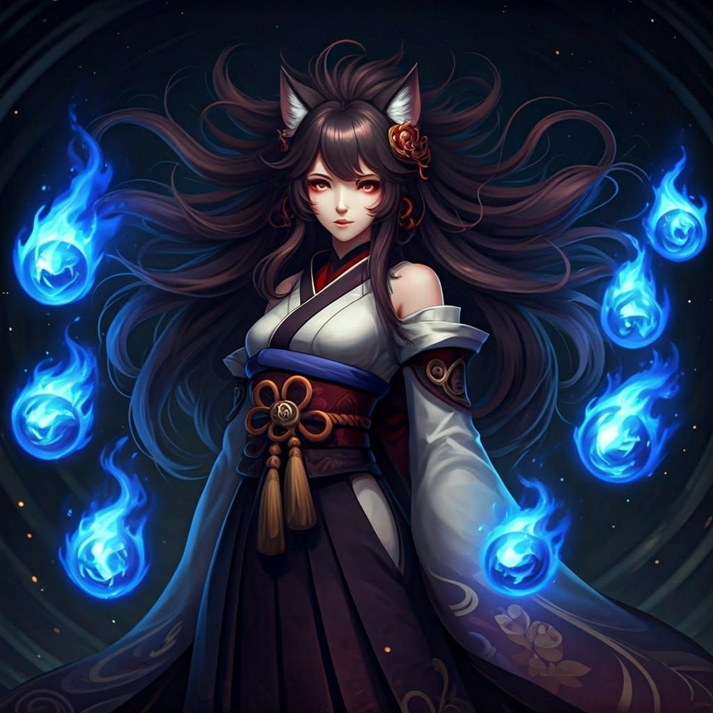 Mystical Kitsune with Fox Fire in Anime Style