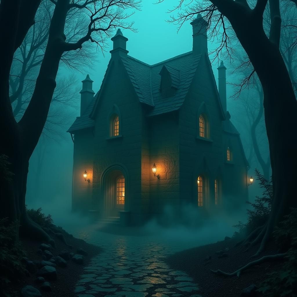 Enchanted Forest Tavern with Ethereal Teal Glow