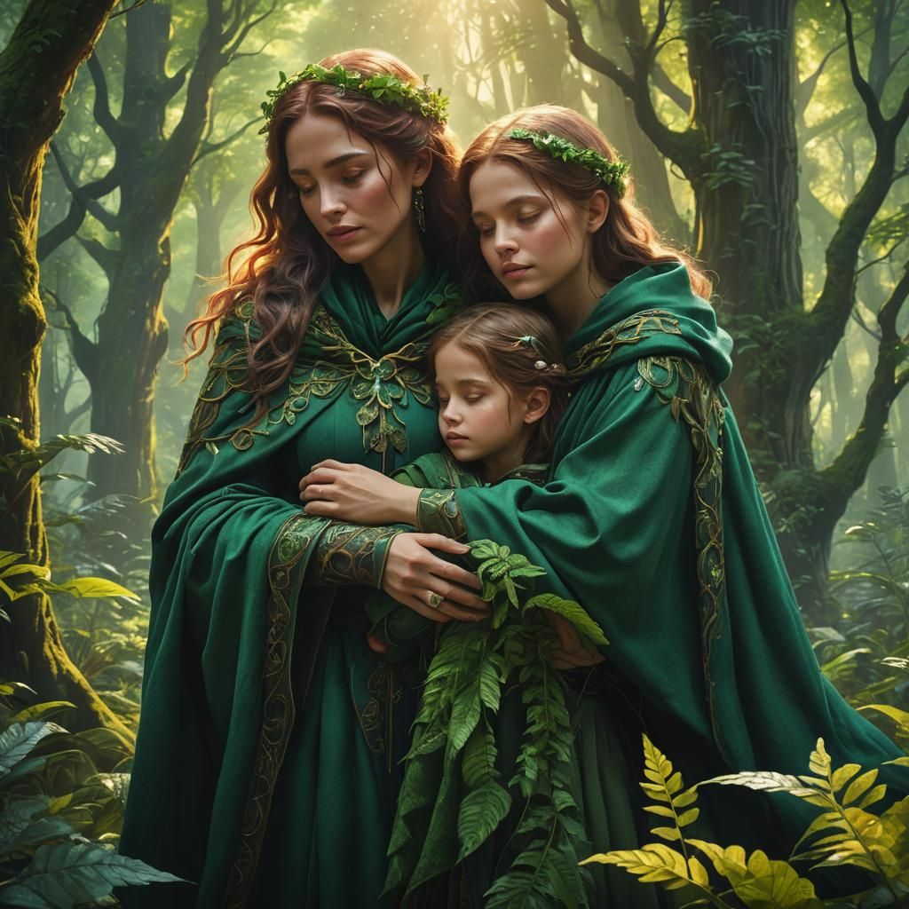 Mother and Child Embrace in Lush Forest