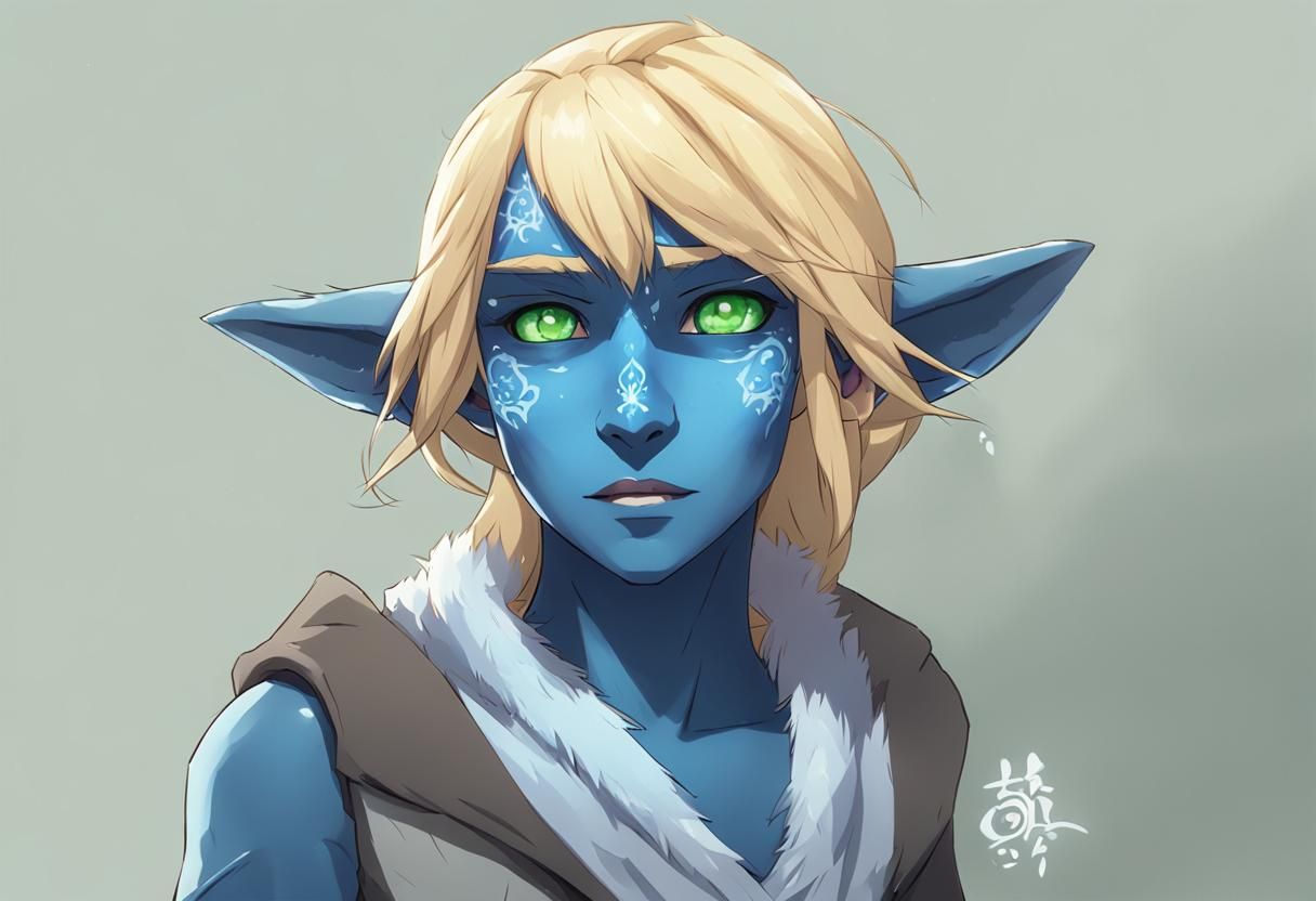 Blue-Skinned Firbolg Woman in Anime Style