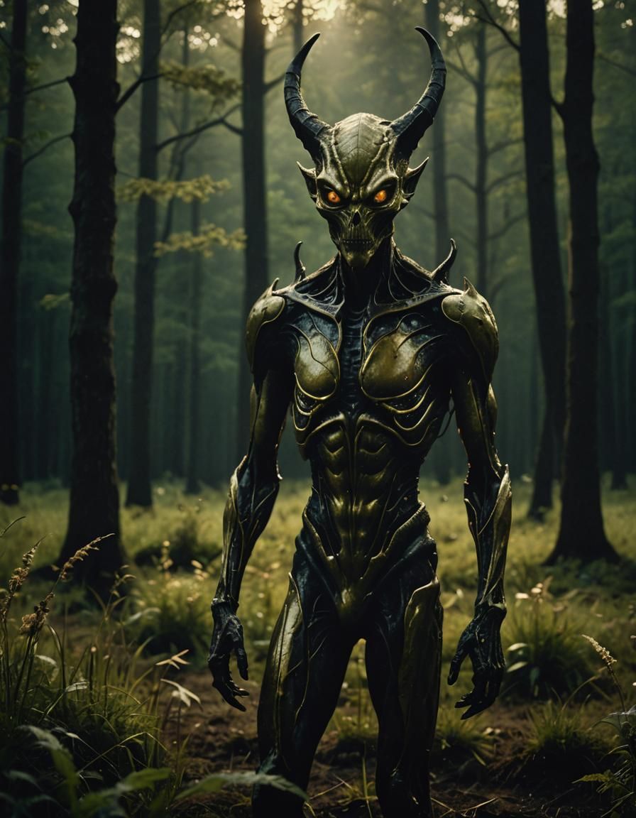Devil-Alien Hybrid in Eerie Forest Clearing