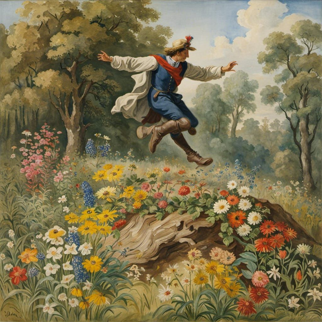 Man Jumping Over Tree Stump, Watercolor Painting