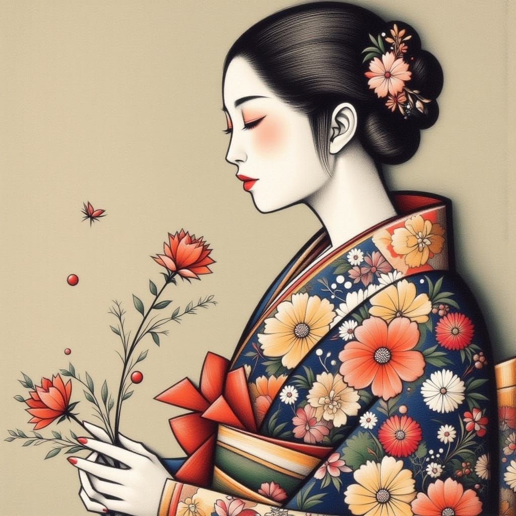 Minimalist Japanese Woman in Yukata with Embroidery