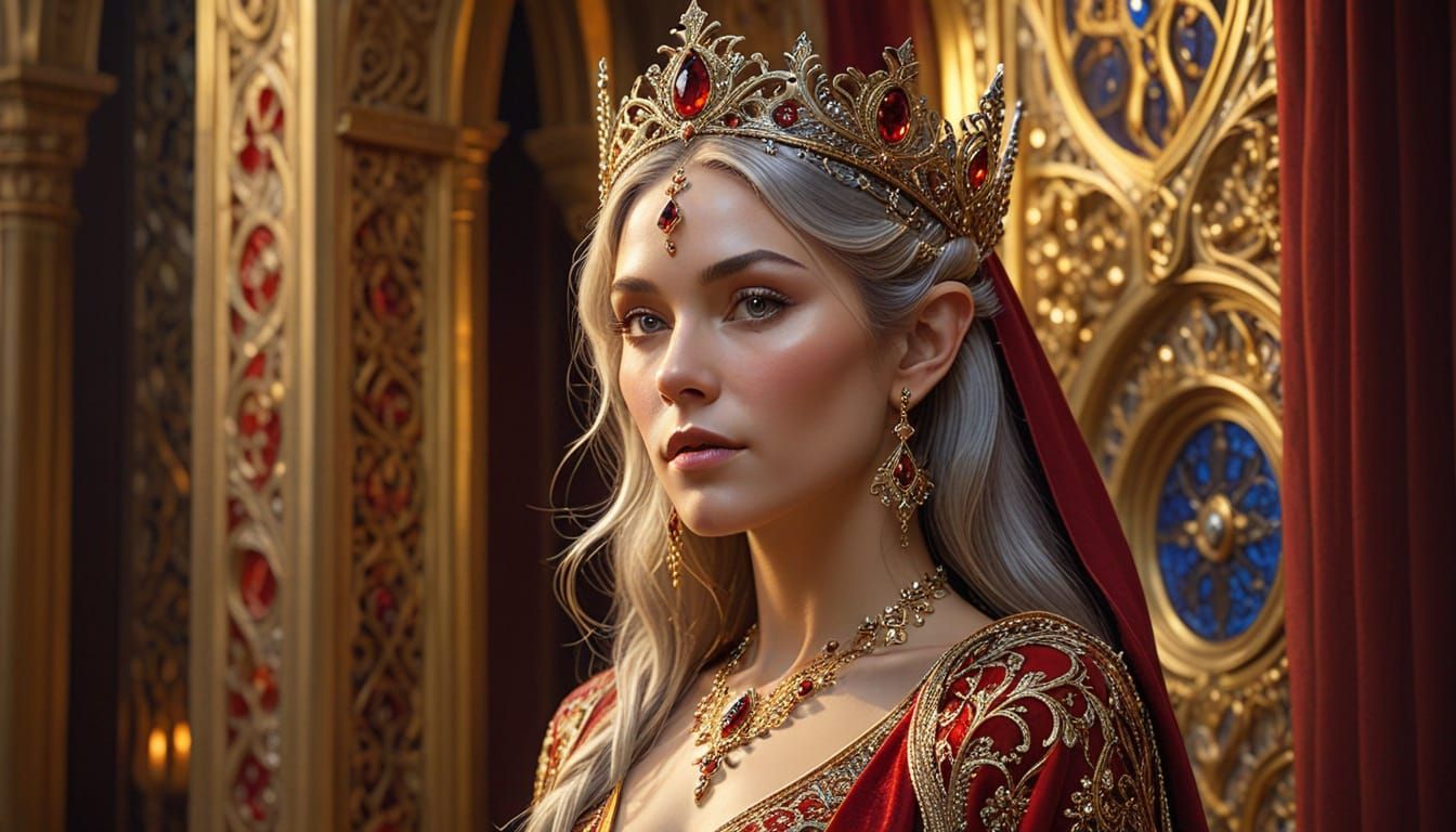 Regal Elven Queen in Jeweled Tiara and Ornate Robes