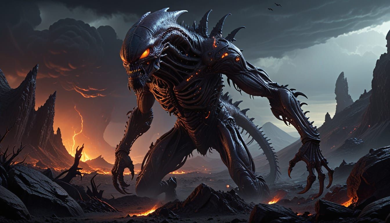 Monstrous Alien Creature in Volcanic Landscape