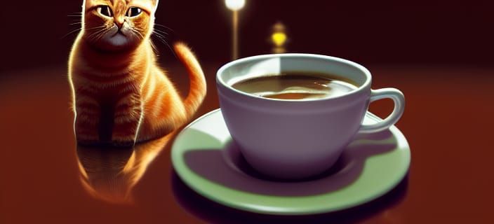 Ginger Cat Swimming in Coffee Cup: Manga Style