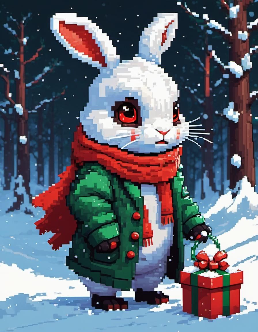 Cute Christmas Bunny in 16-bit Pixel Art