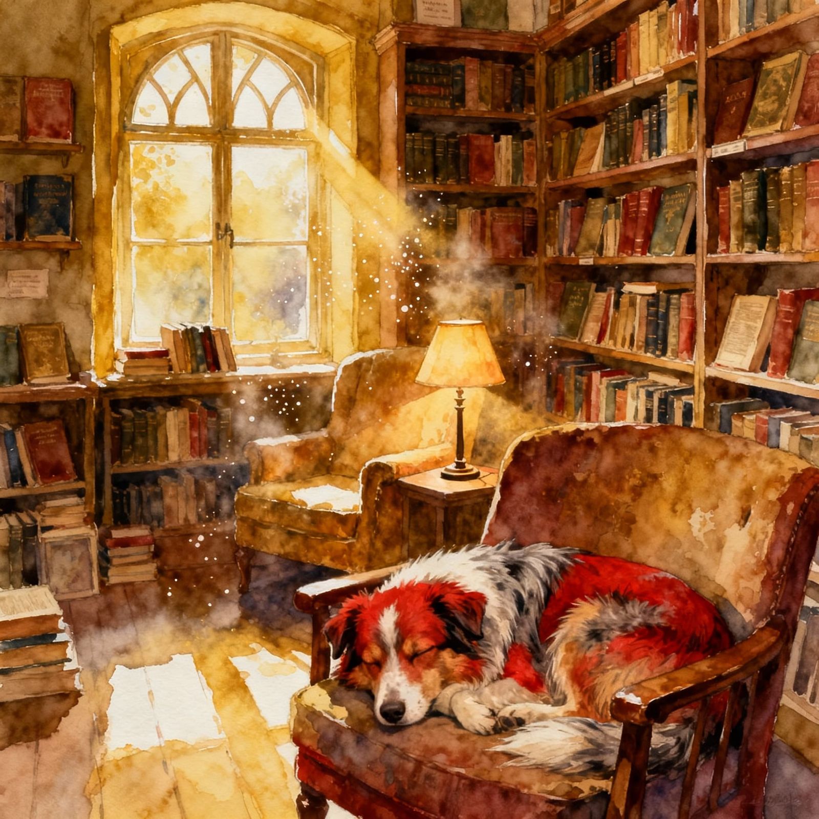 Cozy Bookstore Scene with Sleeping Australian Shepherd