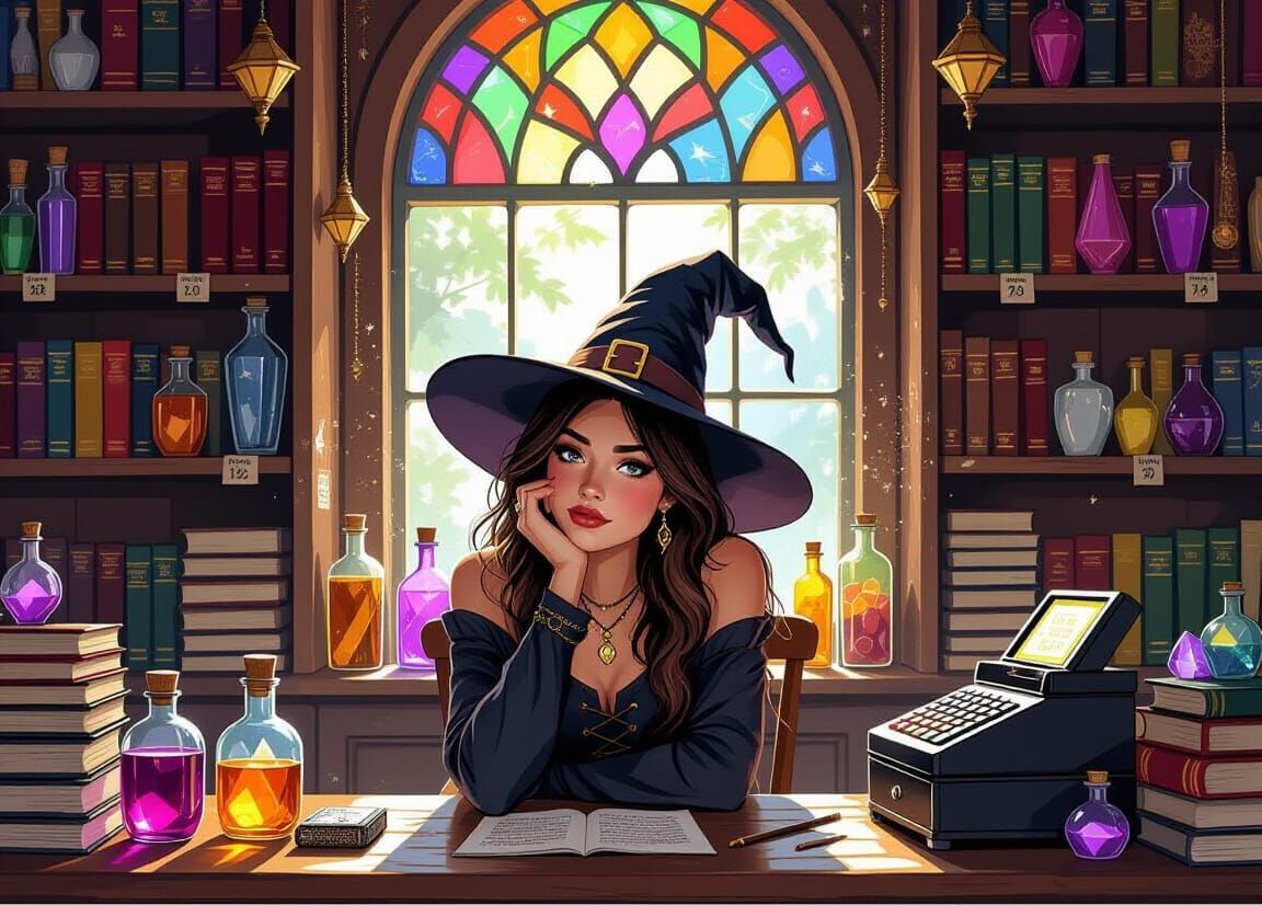 Bored Witch in Magic Shop with Potions