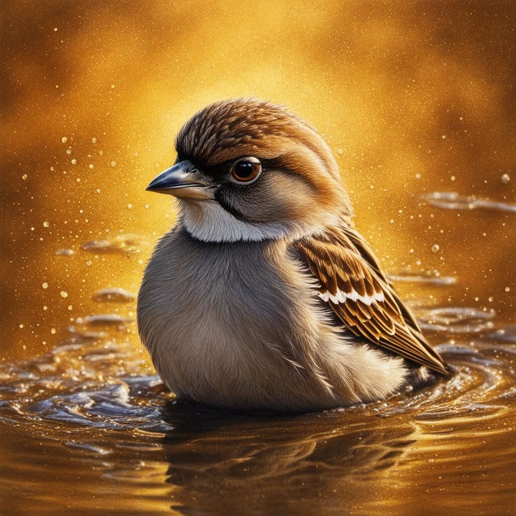 Sparrow Bathing in Sunny Puddle: Pointillism Gold Dust Drawi...