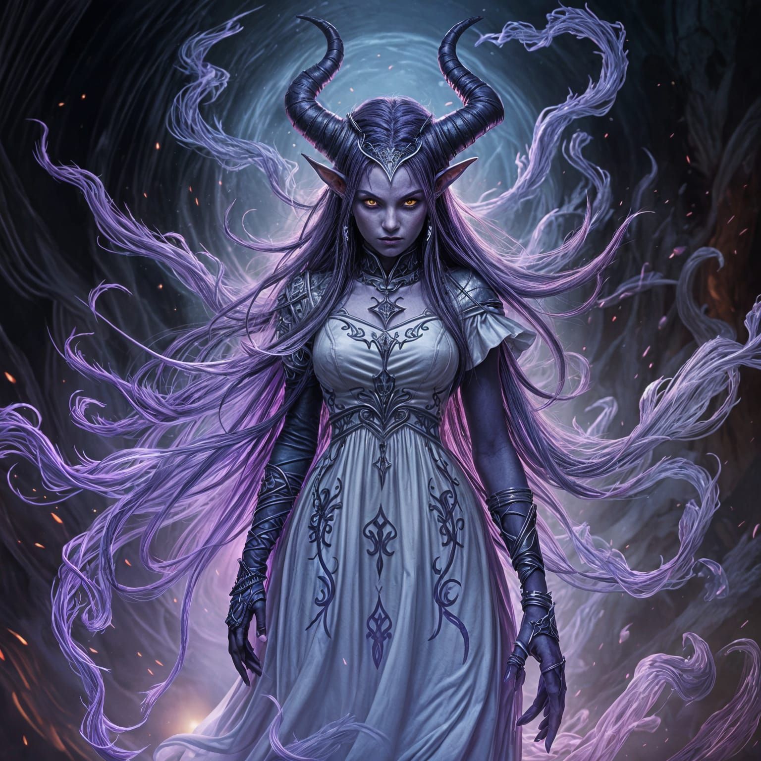 Ethereal Tiefling in Elegant White Attire