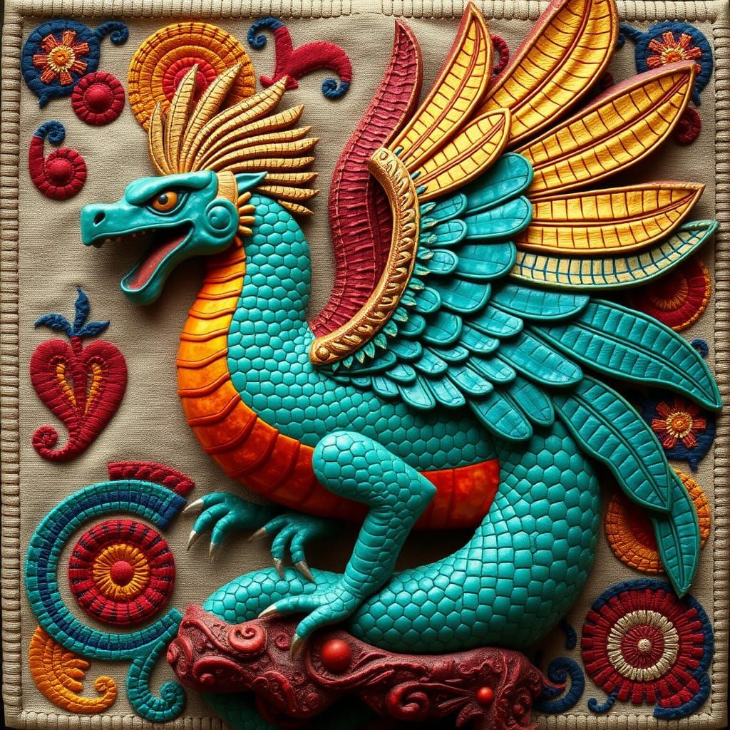 Ancient Aztec Deity in Vibrant, Iridescent Splendor